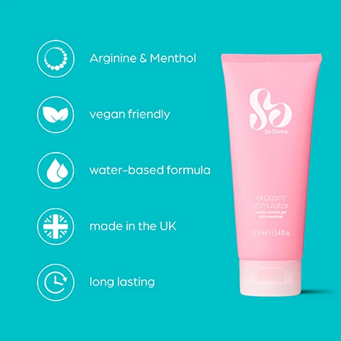 Image 1 - A pink tube of So Divine orgasm stimulator gel with labels indicating arginine and menthol, vegan friendly, water-based formula, made in the UK, and long lasting.
Image 2 - A pink tube of lubricant with splashes of liquid against a turquoise background, featuring the text Water-based formula The water-based formula is compatible for all types of sex toys & latex condoms.
Image 3 - A person is holding a pink tube of lubricant against a bright turquoise background, with text that reads Vegan friendly All of our lubricants are vegan-friendly and dermatologically tested.
Image 4 - Several pink tubes of a product are arranged in a pattern on a turquoise background, with the text Arginine & Menthol giving a teasing tingle when applied, helping to enhance sensations.
Image 5 - A pink tube of gel labeled So Divine with text stating orgasm stimulator water-based gel with menthol on a turquoise background, accompanied by icons indicating it is made and manufactured in the UK using high-quality ingredients.