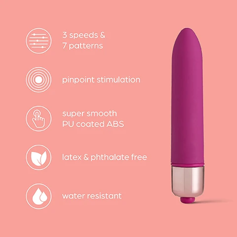 Image 1 - A purple vibrator is shown against a pink background, with icons and text highlighting features: 3 speeds & 7 patterns, pinpoint stimulation, super smooth PU coated ABS, latex & phthalate free, and water resistant.
Image 2 - A purple vibrator is shown against a pink background with text that says 3 Speeds & 7 patterns, Choose from 3 Speeds & 7 Patterns at the push of a button.
Image 3 - A close-up image of a tapered, purple bullet vibrator with text that reads Pinpoint stimulation Enjoy pinpoint clitoral stimulation with the tapered bullet tip.
Image 4 - A hand holds a small purple vibrator against a pink background, with text that reads Great for beginners. The ideal starter toy that is perfect for solo play, foreplay and couples play.