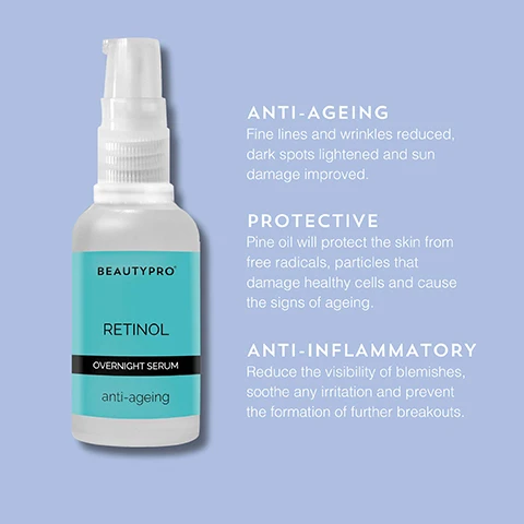 Image 1 - A clear bottle of BeautyPro Retinol Overnight Serum is displayed with a light blue background, featuring text that outlines its benefits: anti-ageing, protective, and anti-inflammatory, with specific descriptions of each benefit.
Image 2 - Image depicts three natural ingredients associated with skincare benefits: a green seaweed for retinol, a pine branch for organic pine oil, and root pieces for wild yam, with text stating each ingredient and its benefit: retinol combats the signs of ageing, organic pine oil targets acne and free radicals, wild yam improves elasticity and suppleness.
Image 3 - Image shows a layout of a teal and black beauty product bottle labeled RETINOL OVERNIGHT SERUM anti-ageing with five stars above it, and text below stating RETINOL SERUM Easy to use. I had never used an overnight product before, it is lightweight, easy to use and apply, my new favourite skin care product.