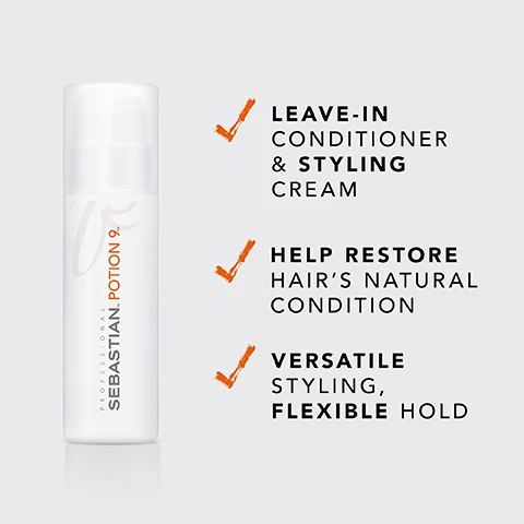 Image 3 - Image of a white bottle labeled SEBASTIAN POTION 9 with text descriptions highlighting its features, including leave-in conditioner and styling cream, help restore hairs natural condition, and versatile styling with flexible hold.
Image 5 - A bottle of Sebastian Dark Oil with a black and gold design is shown, accompanied by three bullet points stating Smoothness up to 48 hrs, Weightless shine & finish, and Replenish hair.
Image 7 - Image of a black bottle labeled Sebastian No.Breaker with a pump top, featuring text that states UP TO 99% LESS HAIR BREAKAGE*, HELPS TO REPAIR EVEN SEVERE DAMAGES CAUSED BY HOT TOOLS AND CHEMICALS, and STRONGER HAIR*, MORE BODY, along with a note that reads *VS LOW CONDITIONING SHAMPOO.