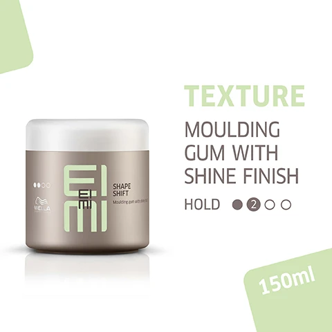 Image 1, texture moulding gum with shine finish, hold = 2/4. 150ml. image 2, shiny finish with natural hold. image 3, adds shine to the hairstyle. image 4, fruity orchard scent. image 5, partner recommendation sold separately. image 6, discover other products.