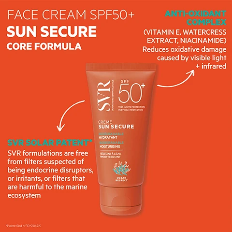 Image 1, core formula. anti oxidant complex = vitamin e, watercress extract, niacinamide = reduces oxidative damage caused by visible light and infrared. SVR solar patent = SVR formulations are free from filters, suspected of being endocrine disruptors, or irritants or filter that are harmful to the marine eco system. image 2, how to use = apply generously and evenly before sun exposure. stay safe in the sun, re-apply frequently. image 3, rub it in. image 4, ocean respect - reef sage, non toxic to marine life, biodegradable. moisturising texture - creamy and hydration, dry skin feels nourished, water resistant, invisible finish, no white residue, non sticky. SPF 50+ very high protection against UVA, UVB, visible and infrared, sensitive skin safe, for baby and up. clean formula - tested for endocrine disruptors. eco responsible - 100$ recyclable packaging. image 5, SVR SPF50+ protection, find your ideal formal. fresh mist, milky spray, dry oil spray, invisible water, face cream, face fluid, hydrating milk. image 6, velvet fluid, classic cream.