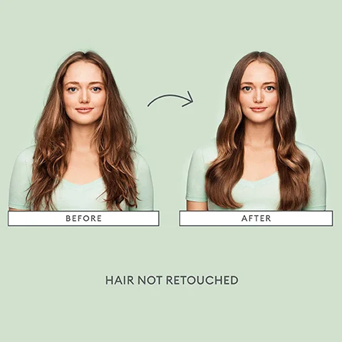 Image 1 - Image shows a woman with long, wavy hair before and after styling, with labels BEFORE under the first image and AFTER under the second image, and the text HAIR NOT RETOUCHED at the bottom.