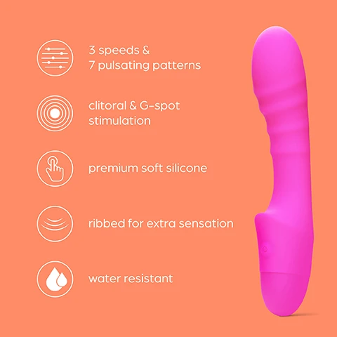Image 1 - A bright pink vibrator is displayed on an orange background, with icons and text indicating its features: 3 speeds & 7 pulsating patterns, clitoral & G-spot stimulation, premium soft silicone, ribbed for extra sensation, and water resistant.
Image 2 - A close-up of a purple silicone object with ribbed texture against a coral background, accompanied by the text Ribbed for sensation Enjoy enhanced sensations from the textured ribbed silicone.
Image 3 - A person holding a bright pink vibrator against an orange background, with text that reads Dual pleasure Enjoy 10 pleasure functions for clitoral and G-spot stimulation.
Image 4 - A pink flexible sex toy with a curved head is shown against an orange background, accompanied by the text that reads Incredibly flexible Angle and flex the curved head for internal G-spot satisfaction.
Image 5 - A pink vibrator is shown against an orange background, accompanied by measurements indicating the height (7 inches), insertable length (4.5 inches), and width (1.5 inches).
Image 6 - A pink vibrator is shown surrounded by splashing water against an orange background, with the text Water resistant The vibrator is fully submergible for use in the bath or shower displayed above.