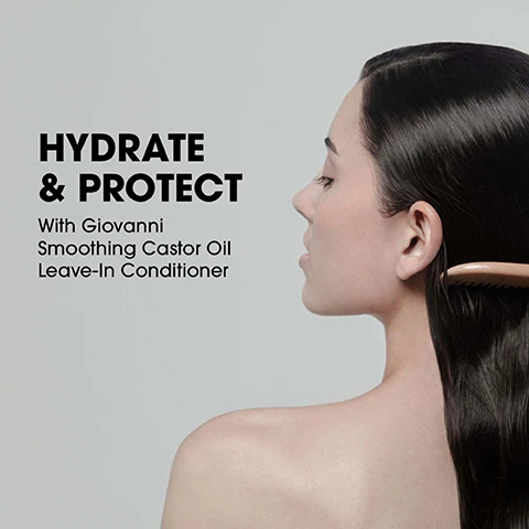 Image 1 - A woman with straight, dark hair is facing right, holding a wooden comb to her hair, with text that reads HYDRATE & PROTECT With Giovanni Smoothing Castor Oil Leave-In Conditioner.
Image 2 - A hand holds a wooden comb while brushing the long, straight hair of a person, with bullet points on the right listing benefits including infusing deep hydration for frizz control, providing hair protection and manageability, and helping restore silky, smooth tresses without weighing hair down.
Image 3 - Image of a leave-in conditioner product labeled Smoothing Castor Oil with key benefits listed including lightweight conditioning, frizz control, improved hair texture, hair protection, and manageability, along with a circular logo for Giovanni Eco Chic.
Image 4 - Image shows a promotional layout for hair care products titled Smooth & Hydrate, featuring two items: 100% Pure Smoothing Castor Oil and Smoothing Castor Oil Leave-In Conditioner, with bullet points listing their benefits.
Image 5 - An image featuring two hair care products, a bottle of Smoothing Castor Oil Shampoo and a jar of Smoothing Castor Oil Leave-In Conditioner, with descriptions highlighting their benefits, including hydration, frizz control, and hair protection. The visible text includes for all hair types, naturally improves hair texture restores without weighing hair down, infuses deep hydration for frizz control and leaves hair smooth and shiny, and provides hair protection and manageability.