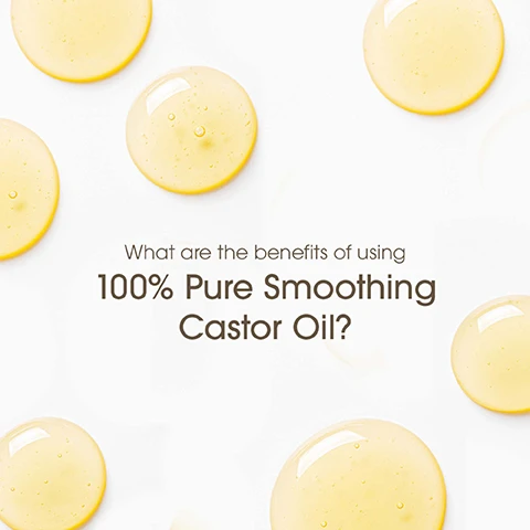 Image 1 - Droplets of yellow castor oil are arranged on a white background with the text What are the benefits of using 100% Pure Smoothing Castor Oil? in a dark brown font.
Image 2 - Image shows several yellow oil droplets on the left side, with four text boxes in the center and right featuring claims about hair benefits: Moisturizes hair & scalp, Smooths & tames hair, Reduces frizz & helps rebond split ends, Provides incredible shine.
Image 3 - Image features a bottle of Giovannis 100% Pure Castor Oil next to a round container of Smoothing Hair Oil Conditioner labeled with benefits like moisturizing hair and scalp, alleviating a dry, flaky scalp, smoothing and taming hair, reducing frizz, and providing shine, with text stating Family Owned and Operated, Since 1979.
Image 4 - Image shows two hair care products: a bottle of 100% Pure Smoothing Castor Oil with benefits like moisturizing hair and scalp, alleviating a dry scalp, and reducing frizz, along with a jar of Smoothing Castor Oil Leave-In Conditioner highlighting benefits for frizz control and improving hair texture; visible text includes 100% Pure Castor Oil and Smoothing Castor Oil Leave-In Conditioner.