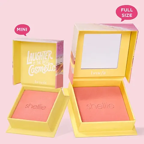 Image 1 - Image shows two cosmetic blush boxes from Benefit, one labeled MINI and the other FULL SIZE, with an open box revealing a pink blush and the text Laughter is the best Cosmetic on the inside of the larger box, and the name shellie embossed on the pink blush.
Image 2 - A flat lay of various colored makeup powders arranged in sections, labeled with descriptions including Silky-soft powder, Airbrushed & blurring effect, Blenable & buildable, Ultra-fine, Satins, shimmers & mattes, and Weightless.
