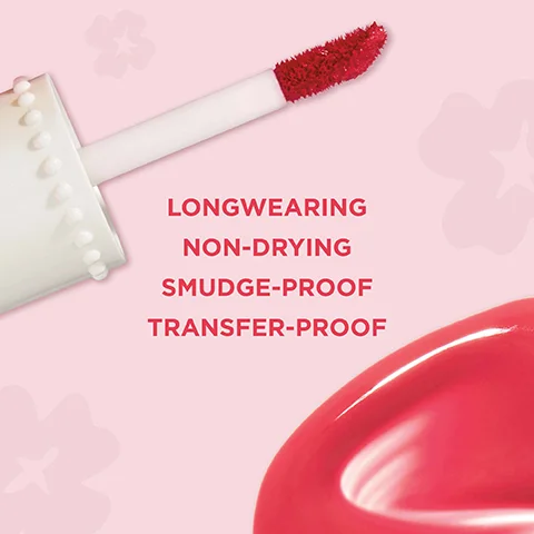 Image 1 - A close-up image of a red lip gloss applicator with the following text: LONGWEARING NON-DRYING SMUDGE-PROOF TRANSFER-PROOF.
