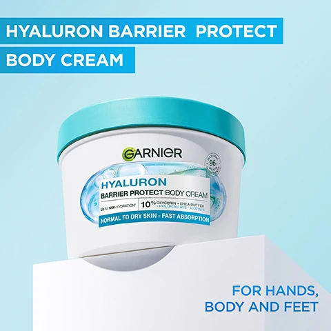 Image 1 - A white tub of Garnier Hyaluron Barrier Protect Body Cream with a light blue lid and label is shown alongside text reading Hyaluron Barrier Protect Body Cream and For Hands, Body and Feet, with the tub label showing Garnier Hyaluron Barrier Protect Body Cream, Up to 100h HYDRATION*, 10% Glycerin + Shea Butter + Hyaluronic Acid + Aloe Vera, Natural 96% Origin Ingredients, and Normal to Dry Skin - Fast Absorption. Image 2 - A split image comparing skin texture on the chest and neck before and after hydration treatment with text HYDRATES UP TO 10 CELL LAYERS DEEP* BEFORE AFTER *up to 10 cell layers of the stratum corneum. Image 3 - A translucent capsule filled with ingredients like aloe vera leaves and bubbles on a light blue background with the text INGREDIENTS: GLYCERIN HYALURONIC ACID + ALOE VERA SHEA BUTTER. Image 4 - A tub of Garnier Hyaluron Barrier Protect Body Cream on a white surface with the text INTENSE MOISTURE BOOST GARNIER NATURAL 96% ORIGINAL INGREDIENTS HYALURON BARRIER PROTECT BODY CREAM Up to 100h HYDRATION* 10% GLYCERIN + SHEA BUTTER + HYALURONIC ACID + ALOE VERA NORMAL TO DRY SKIN - FAST ABSORPTION. Image 5 - Hands hold a jar of Garnier Hyaluron Barrier Protect Body Cream with a swipe of cream on skin, with text FORMULATED FOR NORMAL TO DRY SKIN, FAST ABSORPTION, BARRIER-PROTECT BODY CREAM, GARNIER, HYALURON BARRIER PROTECT BODY CREAM, Up to 100h HYDRATION*, 10% GLYCERIN + SHEA BUTTER + HYALURONIC ACID + ALOE VERA, NORMAL TO DRY SKIN - FAST ABSORPTION, NATURAL ORIGIN 96% INGREDIENTS. Image 6 - The image shows Garnier Body Superfood Aloe Vera Magnesium 48h Moisturising Cream transitioning to a new pack, Garnier Hyaluron Barrier Protect Body Cream, with the text NEW PACK. SAME GREAT RESULTS visible.