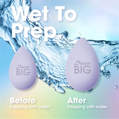 Wet to Prep, before prepping with water and after prepping water comparison shot of the makeup sponge