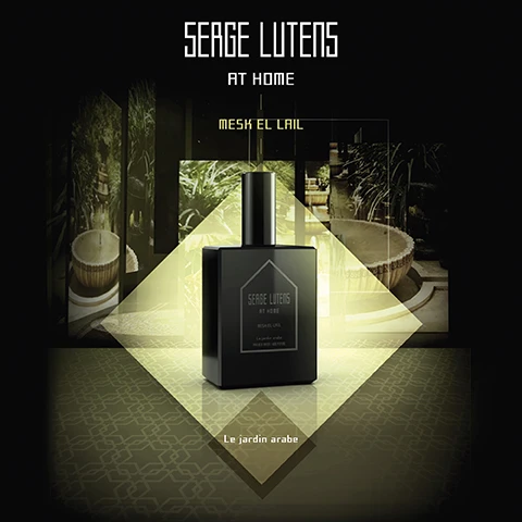 Image 2 - A sleek black perfume bottle is displayed in the center of an intricate background featuring greenery and decorative elements, with the text Serge Lutens AT HOME | Mesk El Lail and Le jardin arabe visible.
Image 3 - A decorative black lantern and a black perfume bottle labeled Serge Lutens, with a background featuring greenery and wooden elements, accompanied by the text AT HOME, MESK EL LAIL, and Le jardin arabe.