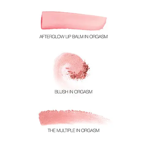 Image 1- Swatches of shade. Image 2- Lip model shots of shade Orgasm. Image 3- Model arm swatches of shade