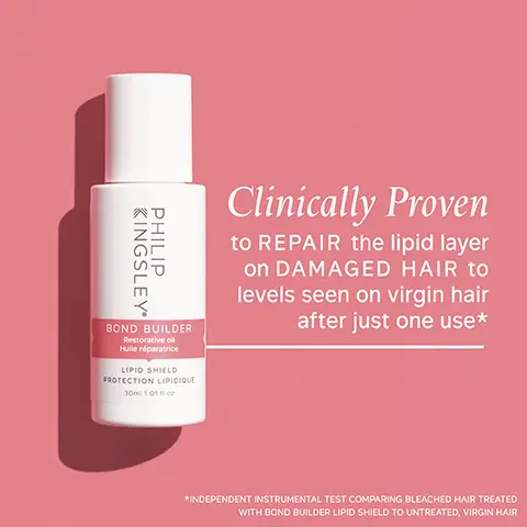 Image 1, KINGSLEY PHILIP BOND BUILDER Restorative oll Hulle réparatrice LIPID SHIELD PROTECTION LIPIDIQUE 30ml 1.01 for Clinically Proven to REPAIR the lipid layer on DAMAGED HAIR to levels seen on virgin hair after just one use* *INDEPENDENT INSTRUMENTAL TEST COMPARING BLEACHED HAIR TREATED WITH BOND BUILDER LIPID SHIELD TO UNTREATED, VIRGIN HAIR Image 2, 9 in 10 users reported hair felt MORE RESISTANT TO DAMAGE KINGSLEY PHILIP BOND BUILDER PROTECTION LIIGI Clinically Proven to PROTECT hair against HEAT DAMAGE with a flat iron at 450°F (232°C) after just one use* "INDEPENDENT USER TRIALS INDEPENDENT INSTRUMENTAL TEST COMPARING HAIR TREATED WITH BOND BUILDER LIPID SHIELD TO UNTREATED HAIR Image 3, Before After Image 4, Before After