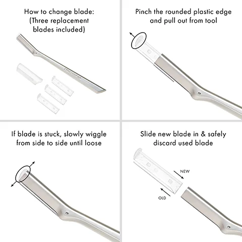 Image 1 - Image showing a four-step guide on how to change a blade for a tool, featuring a silver blade changing tool, three replacement blades, and instructions for pinching the plastic edge, wiggling the blade if stuck, and inserting a new blade while discarding the old one.