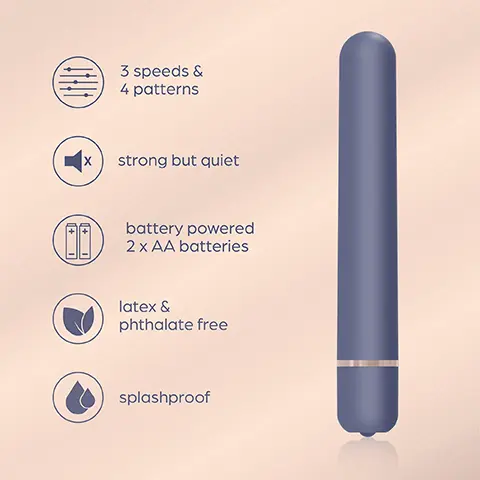 Image 1, 3 speeds, 4 patterns, strong but quiet, battery powered 2 AA batteries, latex and phthalate free, splash proof. Image 2, embrace and thrive, choose from 3 speeds and 4 patterns at the push of a button