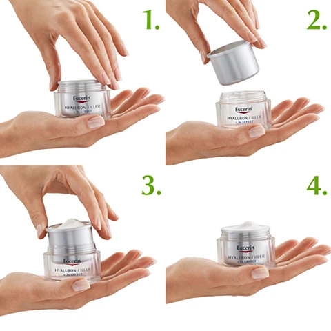Image 1 - A series of four images showing a hand opening a jar of Eucerin Hyaluron-Filler cream with visible text indicating the steps: 1, 2, 3, and 4.
Image 2 - Image features a bright green background with bold white text stating 90% LESS PLASTIC, and small text at the bottom that reads *CONTAINS 90% LESS PLASTIC THAN THE REGULAR HYALURON-FILLER JAR.
Image 3 - A smooth, white cream is spread in a thick layer with labels pointing to enoxolone, glycine saponin, and hyaluronic acid.
Image 4 - Image shows a skincare routine with three numbered products: 1. Eucerin Hyaluron-Filler Concentrate, 2. Eucerin Hyaluron-Filler Eye SPF 15, and 3. Eucerin Hyaluron-Filler Day, with the title RECOMMENDED ROUTINE at the top.
Image 5 - A hand holds a skincare cream jar with a silver lid, accompanied by text listing key benefits: fills wrinkles, stimulates skin regeneration, defends against skin degradation.