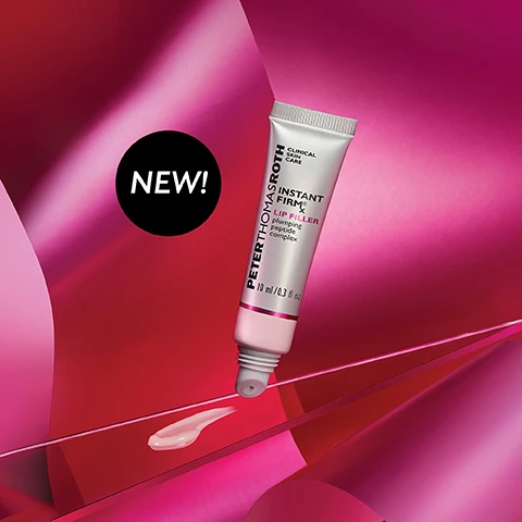 Image 1 - An image of a pink-tinted tube of Peter Thomas Roth Instant Firmx Lip Filler leaning against a red and pink abstract background, with a small amount of the product on a surface below it, and the text NEW! in a black circle.
Image 2 - A tube of Peter Thomas Roth Instant Firm Lip Filler is displayed against a pink background, with visible text stating 2% Linefill™, 3% Hyaluronic Acid Filling Spheres, and 1% Maxi-Lip™, each accompanied by brief descriptions of their effects.
Image 3 - A silver and pink tube of Peter Thomas Roth Instant Firm X Lip Filler sits on a smooth, light pink surface; the text reads CLINICALLY PROVEN to immediately improve the look of lip plumpness and lip lines*.
Image 4 - Image of a tube of Peter Thomas Roth Instant Firm Lip Filler against a light pink background, with text listing three ways to use the product: 1 By itself to help plump and fill the look of lip lines, 2 As a plumping primer under lip color, 3 As a nourishing overnight lip treatment.
Image 5 - A close-up of two women, one applying a lip product to her lips with a focus on the products applicator, while the other woman has her lips gently pursed; the image includes the text Apply to clean, dry lips and Plumps the look of lips in 5 minutes or less!
Image 6 - A vibrant pink background features bold, white text that reads CLINICALLY PROVEN INSTANT FIRM® LIP FILLER 100% of subjects saw an IMMEDIATE REDUCTION in the look of lip lines* with a smaller note at the bottom about the studys details.
Image 7 - Image features four pairs of lips showing a comparison of before and after using a lip treatment, with visible text stating BEFORE and AFTER 5 MINUTES* above each image, and a footnote stating Unretouched photos. Individual results may vary.