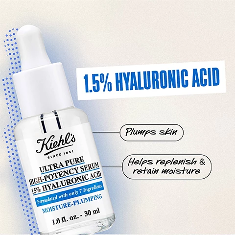 Image 1, 1.5% hyaluronic acid, plumps skn, helps replenish and retain moisture. Image 2, plumper skin. Image 3, apply 2-3 drops morning and night. Image 4, which ultra pure serum is for you? niacinamide = shine free skin please. hyaluronic acid = i need a moisture boost. glycolic acid = texture is my main concern. Image 4, dry skin routine, ultra facial cleanser, hyaluronic acid serum, ultra facial cream, daily UV defense. Image 5, ultra pure serums, targeted solutions, 10 ingredients or less, tested on all skin types including sensitive.