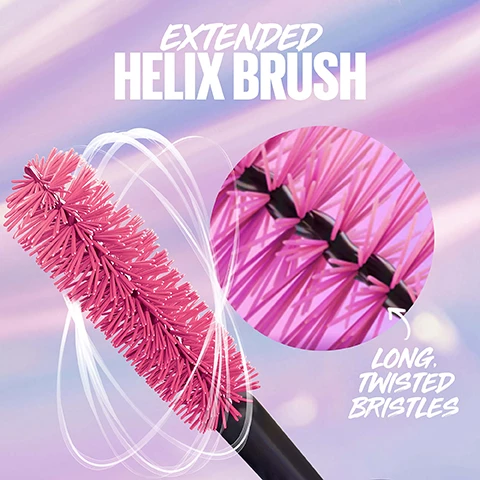 Image 1, extended helix brush, long twisted bristles. Image 2, no lash inserts bare vs surreal. Image 3, hybrid fiber technology. Image 4, +36% length and 10 times volume. Image 5, bare vs falsies surreal.