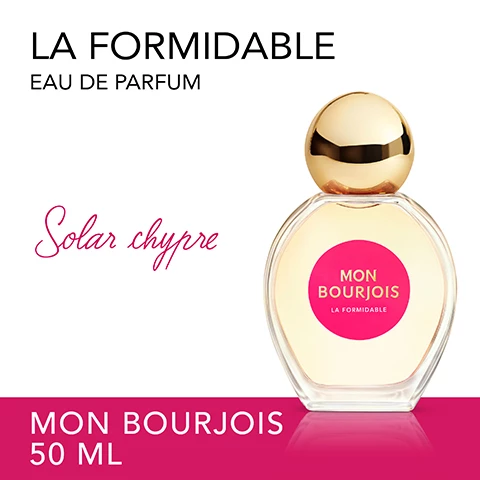Image 1, la formindable eau de parfum, solar chypre. mon bourjois 50ml. Image 2, bergamot wrapped in a solar floral accord and patchouli. Image 3, instant hit of happiness. Image 4, bourjois paris, mon bourjois. Image 5, three addictive scents.