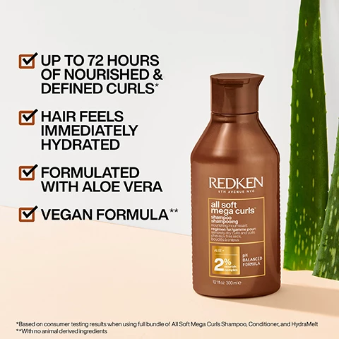 Image 1, 2 and 3, up to 72 hours of nourished and defined curls*, hair feels immediatly hydrated, formulated with aloe vera, vegan formula**. *based on consumer testing results when using full bundle of all soft mega curls shampoo, conditioner and hydramelt. **with no animal derived ingredients. Image 4, for curl types 3A to 4C. Image 5, 3 steps to revive curls, 1 = shampoo, 2 = conditioner, 3 = treat.