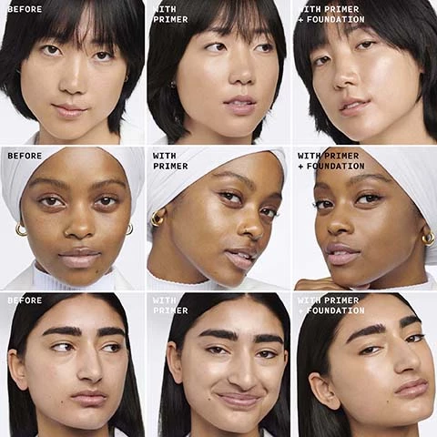 Image 1, before, with primer and with primer and foundation on three different skin tones. Image 2, skin loving ingredients, acetyl glucosamine, hyaluronic acid, vitamin c. Image 3, step 1 = apply a thin layer to clean skin. step 2 = blend in with fingertips. step 3 = wait one minute for formula to dry. step 4 = follow with makeup, or wear alone for a natural glow. Image 4, why use a primer? 3 reasons to try our even better primer. 1 - the lock in makeup for fresh, flawless wear. 2 - they boost hydration. 3 - they're built with skin loving ingredients. Image 5, pick your perfect primer. two special effects both built with skincare. even better light reflecting primer - illuminates skin, radiant finish, silicone free. even better pore defying primer - blurs pores, reduces oil, soft focus finish, silicone free.