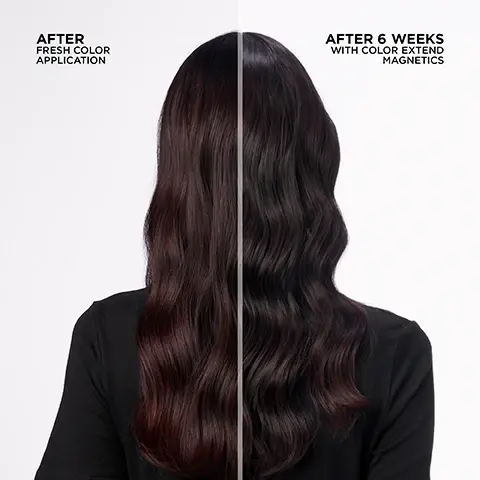 Image 1, after fresh colour application. image 2, after 6 weeks with colour extend magnetics. image 2, now available in 500ml. 300ml vs 500ml. 66% more inside vs 300ml size. image 3, gentle and conditioning. rich lather. acidic formula for maximum colour care. strengthens hair fiber from root to tip. image 4, love color extend magnetics? try new acidic color gloss level up your colour care and activate glass like shine.