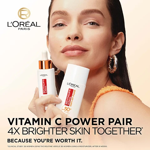 Image 1 - A woman with long hair holds two LOréal skin care products, a dropper bottle and a cream container, with a confident expression, against a soft background, featuring the text VITAMIN C POWER PAIR 4X BRIGHTER SKIN TOGETHER* BECAUSE YOURE WORTH IT.
Image 2 - An image showing a skincare routine titled Brightening Routine with two products: a dropper bottle labeled LOreal Revitalift Clinical Pure Vitamin C Serum and a tube labeled LOreal Revitalift Clinical Invisible Daily UV Fluid SPF 50+ along with the steps Step 1: Brighten and Step 2: Protect.
Image 3 - Image features two skincare products from LOréal Paris: a bottle of Revitalift Clinical Derm-Grade 12% Vitamin C Serum and a bottle of Revitalift Clinical Anti-UV Fluid SPF 50+, both placed against a white background, with text highlighting their benefits and features.
Image 4 - Image showing a side-by-side comparison of a womans face before and after using a skincare product, with visible skin improvements; text reads CLINICALLY TESTED ON ALL SKIN TONES and BEFORE | AFTER* *ILLUSTRATION OF SKIN RESULTS AFTER USING VIT C SERUM + UV FLUID SPF50+ DURING 8 WEEKS ON SKIN EVENNESS, FINE LINES & PORES. RESULTS MAY VARY FROM ONE INDIVIDUAL TO ANOTHER.
Image 5 - Image shows a close-up of hair with a bright yellow background, promoting hair care benefits with the text 10X SMOOTHER HAIR MIRROR LIKE SHINE, and small print stating *Instrumental test using shampoo & Hair Drink.
Image 6 - Two young women are smiling and posing closely together against a pastel-colored background, one with long straight brown hair in a ponytail wearing a shiny vest, and the other with long wavy blonde hair wearing a blue top and purple choker.