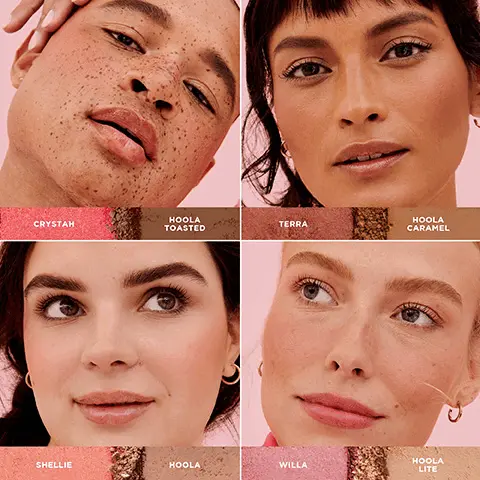 Swatches of the shades Crystah and Hoola Toasted. The four different shades of the duo modelled across four different skin tones- Crystah and Hoola Toasted, Terra and Hoola Caramel, Shellie and Hoola, Willa and Hoola Lite.