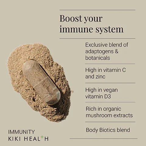 Image 1 - An image of a stone-shaped supplement resting on a sandy surface, alongside text that reads Boost your immune system, Exclusive blend of adaptogens & botanicals, High in vitamin C and zinc, High in vegan vitamin D3, Rich in organic mushroom extracts, Body Biotics blend, and the brand name KIKI HEALTH.