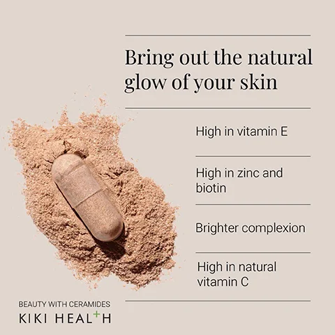 Image 1 - An image of a brown supplement capsule resting on light brown powder, with text stating Bring out the natural glow of your skin and phrases noting benefits such as high in vitamin E, high in zinc and biotin, brighter complexion, and high in natural vitamin C.
