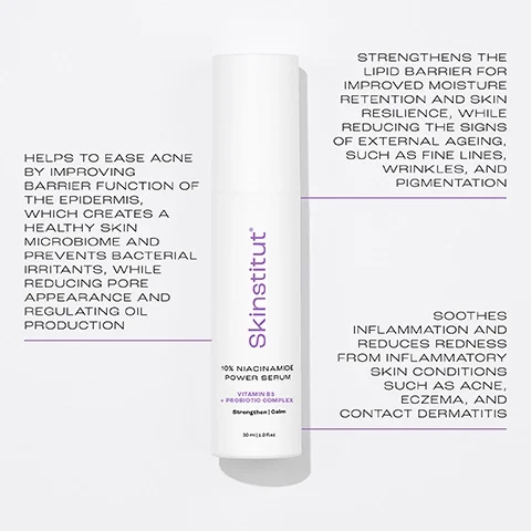 HELPS TO EASE ACNE BY IMPROVING BARRIER FUNCTION OF THE EPIDERMIS, WHICH CREATES A HEALTHY SKIN MICROBIOME AND PREVENTS BACTERIAL IRRITANTS, WHILE REDUCING PORE APPEARANCE AND REGULATING OIL PRODUCTION. STRENGTHENS THE LIPID BARRIER FOR IMPROVED MOISTURE RETENTION AND SKIN RESILIENCE, WHILE REDUCING THE SIGNS OF EXTERNAL AGEING, SUCH AS FINE LINES, WRINKLES, AND PIGMENTATION SOOTHES INFLAMMATION AND REDUCES REDNESS FROM INFLAMMATORY SKIN CONDITIONS SUCH AS ACNE, ECZEMA, AND CONTACT DERMATITIS.
