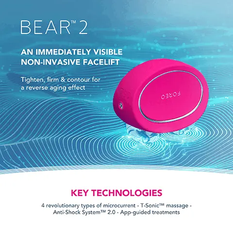 Image 1, BEAR 2 AN IMMEDIATELY VISIBLE NON-INVASIVE FACELIFT Tighten, firm & contour for a reverse aging effect Озго KEY TECHNOLOGIES 4 revolutionary types of microcurrent - T-SonicTM massage- Anti-Shock SystemTM 2.0 - App-guided treatments Image 2, MICROCURRENT FACIAL DEVICE REDUCE WRINKLES. IMPROVE FIRMNESS. REAL RESULTS IN 1 WEEK. *Based on 30-day clinical testing on 40 female subjects, aged 25 to 55. FORTE FORE CHA RUM CRUN CRUN 20- cen Image 3, CLINICAL RESULTS 95% of consumers reported younger skin & lifted cheekbones 93% of consumers reported brighter, healthier & plumper skin 93% of consumers reported less puffiness and sagging *Based on 30-day clinical testing on 40 female subjects, aged 25 to 55. Image 4, Before After Image 5, AFTER BEFORE 0000 Clinically proven to significantly improve deep wrinkles & fine lines. Clinically proven to significantly improve skin firmness & elasticity. AFTER BEFORE Image 6, BEAR 2 VS. Other Microcurrent Device MICROCURRENT POWER Up to 680 uA 10 adjustable intensities TYPES OF MICROCURRENT ANTI-SHOCK SYSTEMTMM 4 types of microcurrent T-SONICTM MASSAGE NO. OF USES PER FULL CHARGE 100% WATERPROOF Up to 425 uA 5 adjustable intensities 1 type of microcurrent Up to 300 mins of use Up to 280 mins of use