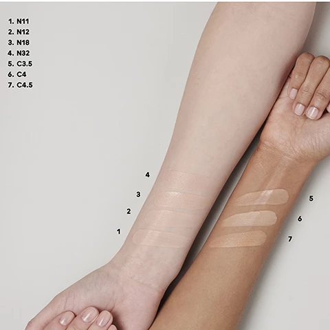 Image 1, swatches on 2 different skin tones, N11, N12, N18, N32, C3.5, C4, C4.5. Image 2, swatches on 4 different skin tones.