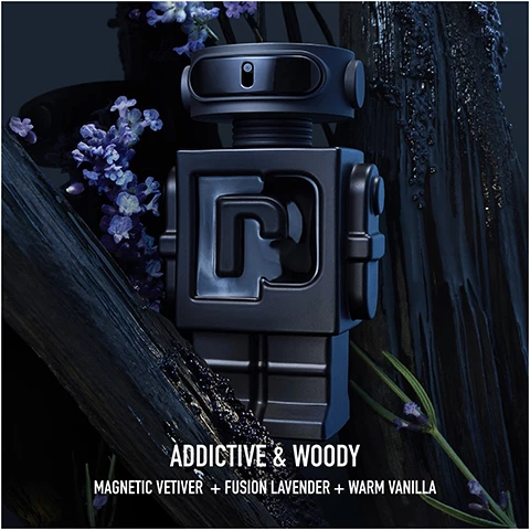 Image 1, addictive and woody, magnetic vetiver plus fusion lavendar plus warm vanilla. image 2, phantom = sensual and fresh. phantom addictive and woody intense.