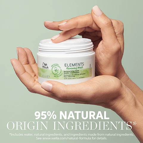 Image 1, 95% natural origin ingredients, includes water, natural ingredients and ingredients made from natural ingredients. image 2, moisturising, smoothness, shine, detangles. image 3, healthy feeling hair and scalp. image 4, customer review = moisturising, the mask smells great and moisturises the hair well even after only a few minutes of application, i recommend.