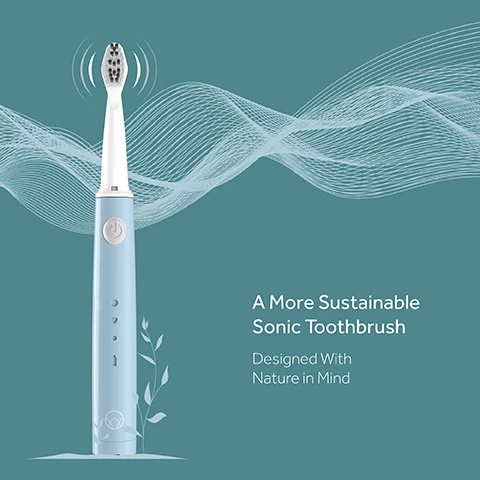 Image 1. a more sustainable sonic toothbrush. designed with nature in mind. image 2, bio plastic head. precision power - power delivery at the brush head. 3 easy cleaning modes. handle from recycled materials. soft bristles made from castor oil. 2 minute timer. 60 brushes per charge. image 3, effective surface stain removal