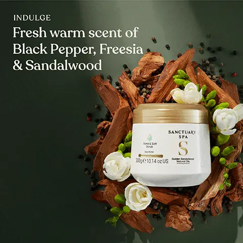 Image 1, INDULGE Fresh warm scent of Black Pepper, Freesia & Sandalwood Sond&Salt Sove SANCTUARY SPA 300g €10.14 oz US Golden Sand Image 2, Made With SAND SALT SHEA BUTTER