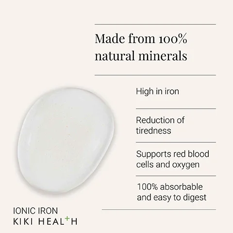 Image 1 - A smooth, oval white mineral stone is shown on a light background, with the text describing its benefits: Made from 100% natural minerals, High in iron, Reduction of tiredness, Supports red blood cells and oxygen, 100% absorbable and easy to digest, IONIC IRON KIKI HEALTH.