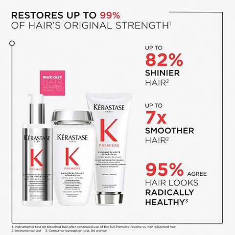 Image 1 - Image shows three Kérastase hair products on a light background with text stating RESTORES UP TO 99% OF HAIR’S ORIGINAL STRENGTH, UP TO 82% SHINIER HAIR, UP TO 7x SMOOTHER HAIR, 95% AGREE HAIR LOOKS RADICALLY HEALTHY, and a Marie Claire Hair Awards logo.
Image 2 - Graphic illustrating the Kérastase Première professional layering technique with three steps: Step 1 shows a hand applying pre-shampoo with a timer indicating 5 minutes, Step 2 shows a hand dispensing shampoo, and Step 3 shows a hand holding conditioner; visible text includes ACTIVATE REPAIR, CLEANSE & REPAIR, and CONDITION & REPAIR.
Image 3 - Two test tubes are shown side by side, one containing a clear liquid with bubbles labeled PEPTIDE and the other containing a pink bubbling liquid labeled GLYCINE.
Image 4 - A collage of four images showing two women and one man with different hair types, each displaying a before and after comparison of hair treatment effectiveness, with text describing that the product is suitable for all hair types, highlights issues like heat styling and over-processing, and mentions benefits like advanced repair and hydration.
Image 5 - A creamy, white serum with a balmy texture is shown in various shapes on a light background, with visible text reading WHITE, BALMY TEXTURE and PRÉMIÈRE REPAIRING ANTI-FRIZZ FILLER SERUM.
Image 6 - A smiling man with curly hair, wearing a suit jacket over a white shirt, is featured in the image, which includes the text: HOVIG ETOYAN, Global Professional Ambassador, Damaged hair is the n°1 concern in our salon. It is great to now have a complete exclusive protocol to offer the best repair to our clients.
Image 7 - A close-up of a man with a beard wearing a white lab coat and black shirt, accompanied by text that discusses hair damage caused by calcium in water and how Premiere products help repair it. The visible text includes: Edine Ahbich Kérastase Scientific Director Women report persistent hair damage despite using various repairing products. The problem: excessive calcium in rinsed water weakens hair. Premiere helps repair the hair with citric acid to remove the calcium, and glycine to repair the damage.