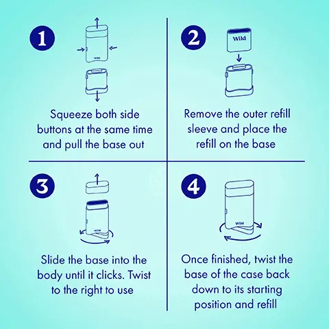 Squeeze both side buttons at the same time and pull the base out. Remove the outer refill sleeve and place the refill on the base. Slide the base into the body until it clicks. Twist to the right to use. Once finished, twist the base of the case back down to its starting position and refill. Easy to use plastic-free refill. Refill your case again and again with our bamboo pulp deodrant refills. Each refill lasts for up to six weeks. Recyclable or suitable for home composting.