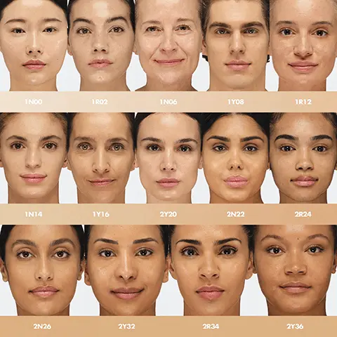 Shades 1N00, 1R02, 1N06, 1Y08, 1R12, 1N14, 1Y16, 2Y20, 2N22, 2R24, 2N26, 2Y32, 2R34, 2Y36. 3Y38, 3Y42, 3R48, 3Y50, 3Y52, 4N62, 4N68, 4Y70. Hydrating foundation infused with hyaluronic acid.