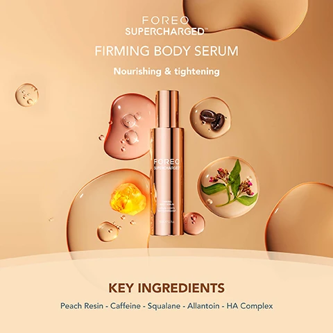 Image 1, firming body serum, nourishing and tightening. key ingredients. peach resin, caffeine, squalane, allantoin, HA complex. image 2, dermatologist tested, suitable for all skin types. vegan. 93% natural origin ingredients. image 3, clinical results. 100% of consumers reported firmer, softer and more nourished skin. 97% of consumers report skin feels hydrated and plump. 97% of consumers reported body looks more toned.