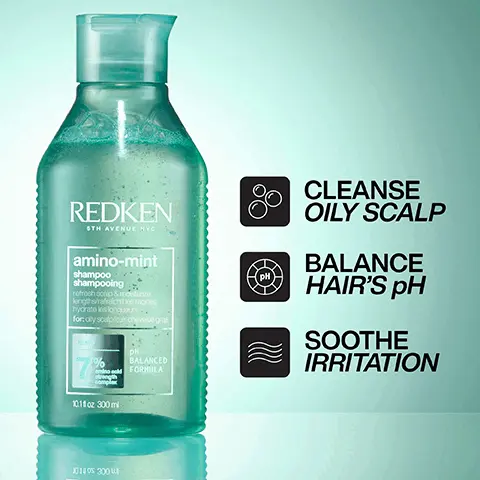 Image 1, REDKEN 6TH AVENUE NYC amino-mint shampoo shampooing rofroch scalp & moturize lengths/rachite racines hydrate les longueurs. for:olly scalp/cuir cheveluegras BALANCED % FORMULA CLEANSE OILY SCALP BALANCE HAIR'S PH SOOTHE IRRITATION 10:11 oz 300 ml 2005 300 Image 2, AMINO ACID STRENGTH COMPLEX REDKEN 6TH AVENUE NYO amino-mint shampoo shampooing refresh scalp & moisturize ength/rafraichit les racines hydrate les longueurs for:oly scalp/cuir chevelue gras MINT 1% PH BALANCED acFORMULA trength 10.1 300 mi oa FORMULATED WITH MINT Image 3, BEFORE AFTER ONE USE OF AMINO MINT SHAMPOO Image 4, 56% LESS BREAKAGE* 90% MORE CONDITIONED* 11X SMOOTHER** "BRUSHING TEST WHEN USING SYSTEM OF ACIDIC BONDING CONCENTRATE SHAMPOO CONDITIONER AND LEAVE NON BLEACHED HAIR WHEN USING SYSTEM OF ACIDIC BONDING CONCENTRATE SHAMPOO CONDITIONER AND LEAVE IN ON BLEACHED HAIR VS NON CONDITIONING SHAMPOO X + Image 5, BEFORE AFTER ONE USE *SYSTEM OF ACIDIC BONDING CONCENTRATE INTENSIVE TREATMENT, SHAMPOO, CONDITIONER, & LEAVE-IN VS. UNDAMAGED HAIR Image 6, BEFORE AFTER ONE USE* *SYSTEM OF ACIDIC BONDING CONCENTRATE INTENSIVE TREATMENT SHAMPOO, CONDITIONER & LEAVE-IN VS UNDAMAGED HAIR Image 7, "BEST I'VE EVER USED AND I'M A HAIRDRESSER" *RECEIVED THE PRODUCT TO TRY FROM MARIE CLAIRE BEAUTY DRAWER, AUG 2022 REDKEN 6TH AVENUE NYC acidic bonding concentrate CITRIC ACID 11 SALON CONCENTRATION 1011oz 300 me Image 8, CITRIC ACID + BONDING CARE COMPLEX HELPS REPAIR BONDS + PREVENT FUTURE DAMAGE