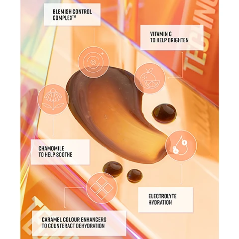 Image 1, blemish control complex. vitamin c to help brighten. chamomile to help soothe. electrolyte - hydration. emerald colour enhancers to counteract orange tones. image 2, 97% of participants agreed the product felt soothing on the skin. 91% of participants agreed the product reduced appearance of uneven skin. 97% of participants agreed the product enhanced their natural skin tone. 2023-2024 consumer study - self assessment of 32 female and male volunteers, between 18-45, that tested the product for 5 days.
