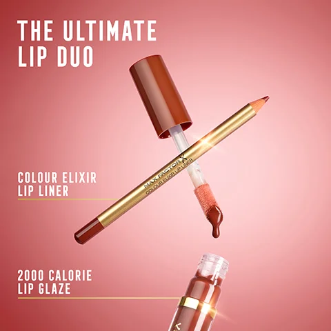 The image shows a gold-cased lip liner with a brown tip, labeled Max Factor Colour Elixir Lip Liner, positioned above a brown lip glaze bottle with its applicator dripping product, set against a pink background, with additional white text reading The Ultimate Lip Duo, Colour Elixir Lip Liner, and 2000 Calorie Lip Glaze.
