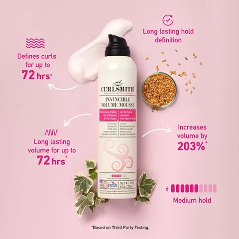 defines curls for up to 72 hours. long lasting hold definition. long lasting volume for up to 72 hours. increases volume by 203%. medium hold. based on third party testing