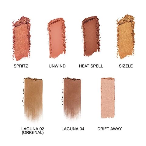 image 1, swatches of spritz, unwinde, heat spell, sizzle, laguna 02, laguna 04 and drift away. image 2, bronze = blend laguna 02 original upwards along hollows of cheekbones. highlight = illuminate the high points of the cheeks with champagne shimmer drift away. define eyes = blend unwinde across the crease and swwp heat spell all over lid. tap sizzle at centre of lid for a soft gold shimmer. image 3, swatches of spritz, unwinde, heat spell, sizzle, laguna 02, laguna 04 and drift away on three different skin tones