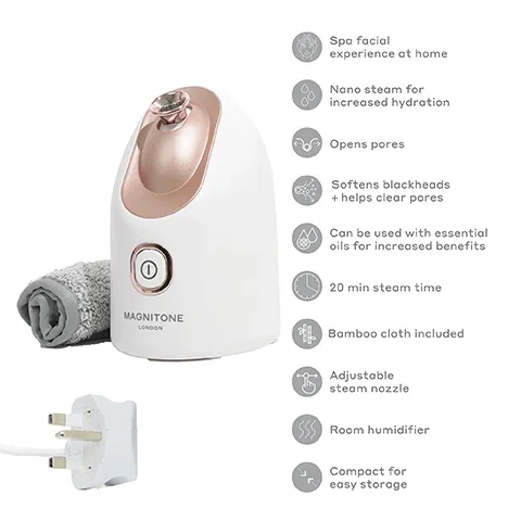 spa facial experience at home. nano steam for increased hydration. opens pores. softens blackheads and helps clear pores. can be used with essential oils for increased benefits. 20 minute steam time. bamboo cloth included. adjustable steam nozzle. room humidifier. compact for easy storage.