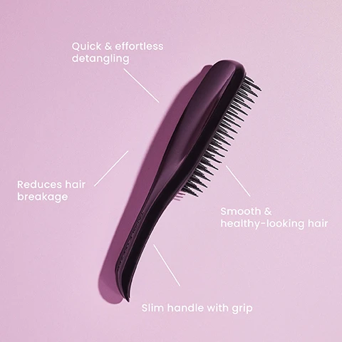 image 1, quick and effortless detangling. reduces hair breakage. smooth and healthy looking hair. slim handle with grip. image 2, before and after